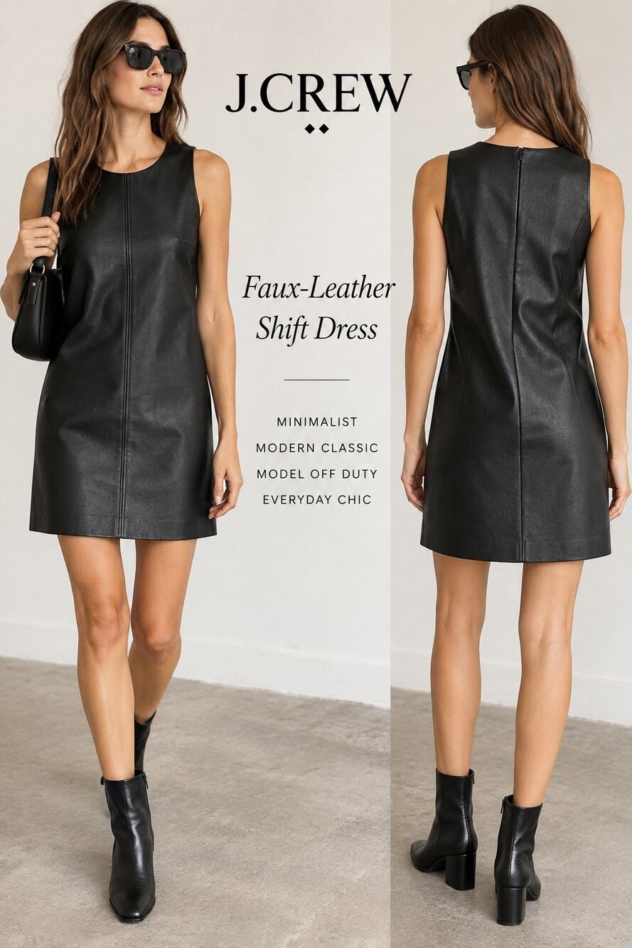 90s Minimalist Model Off Duty Modern Luxe J.Crew Faux Leather Shift Dress Black